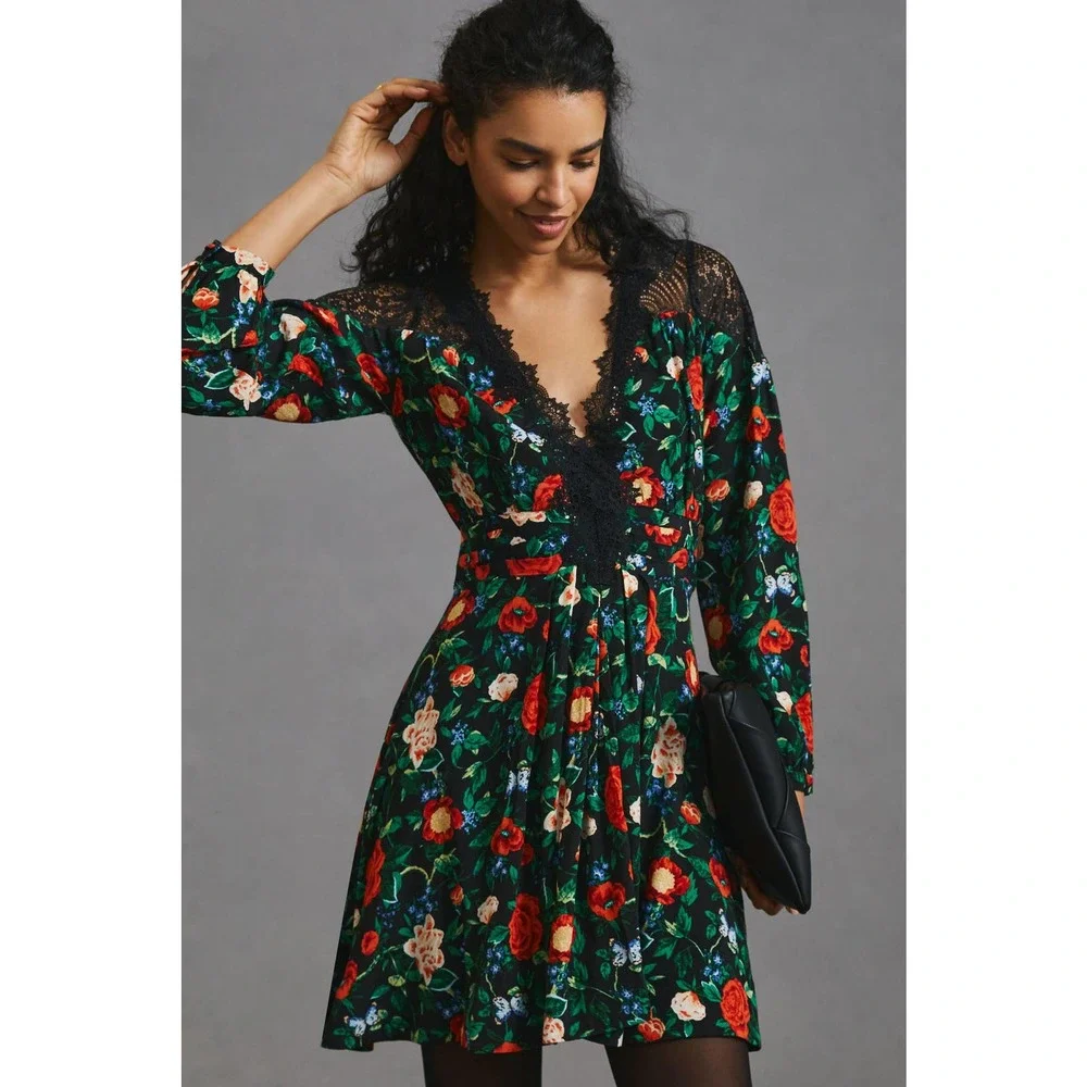 Floral V-Neck Long Sleeve Mini Dress - Green - Picture 2 of 5